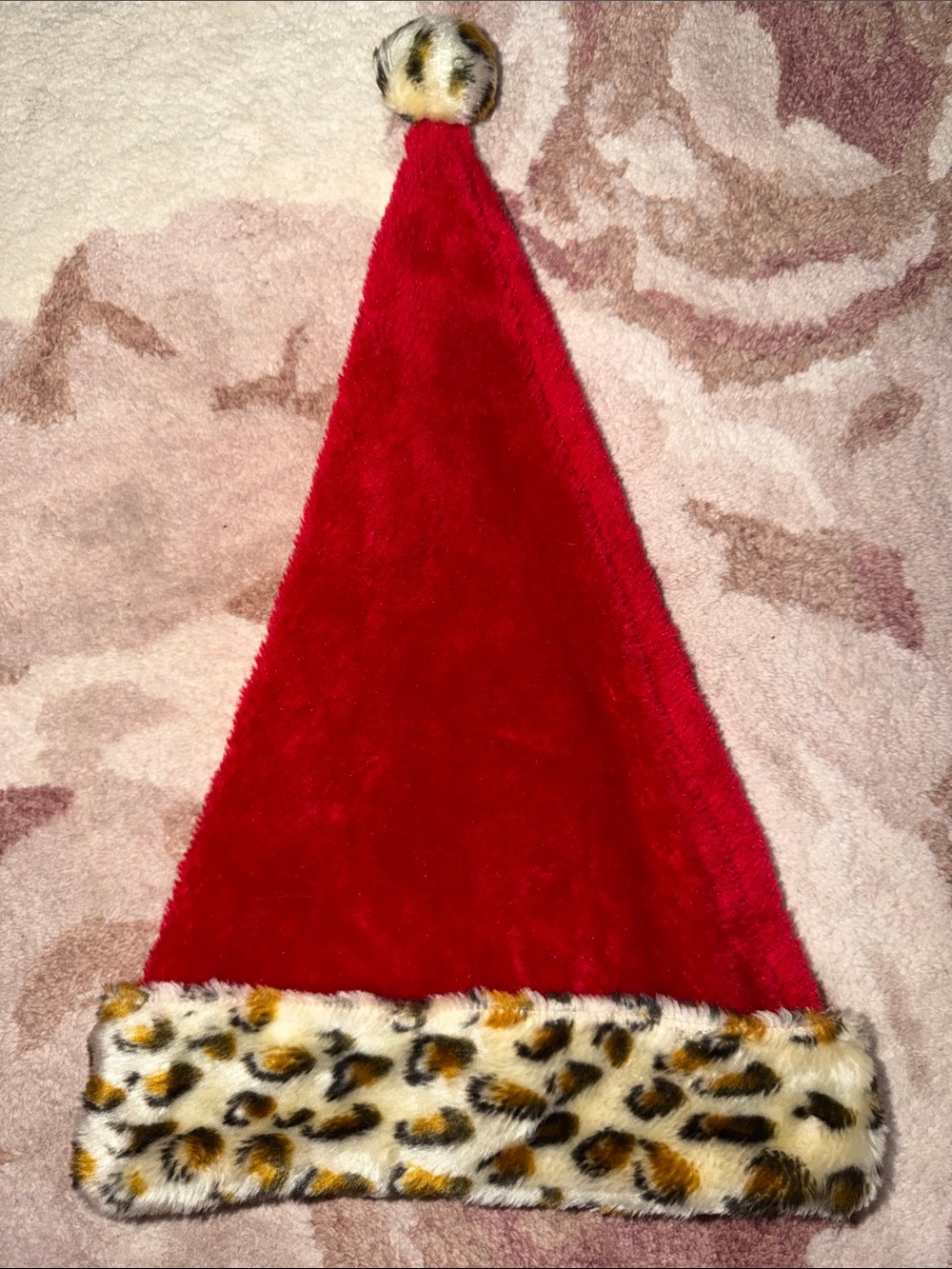 Red Faux Fur Santa Hat with Leopard Trim